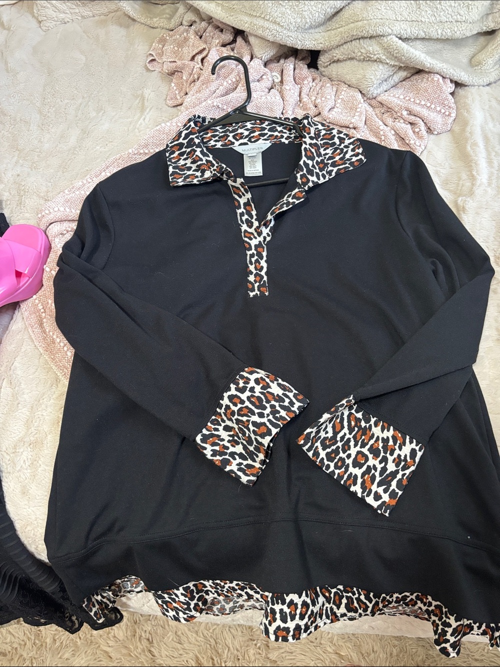 Multiples Black Pullover with Leopard Trim